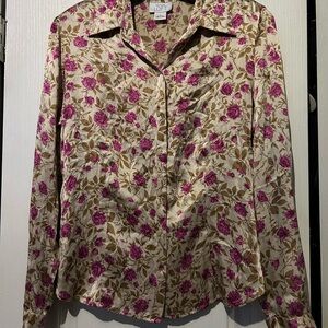 LOFT Button Down Shirt - Pink and Brown Floral 100% Silk